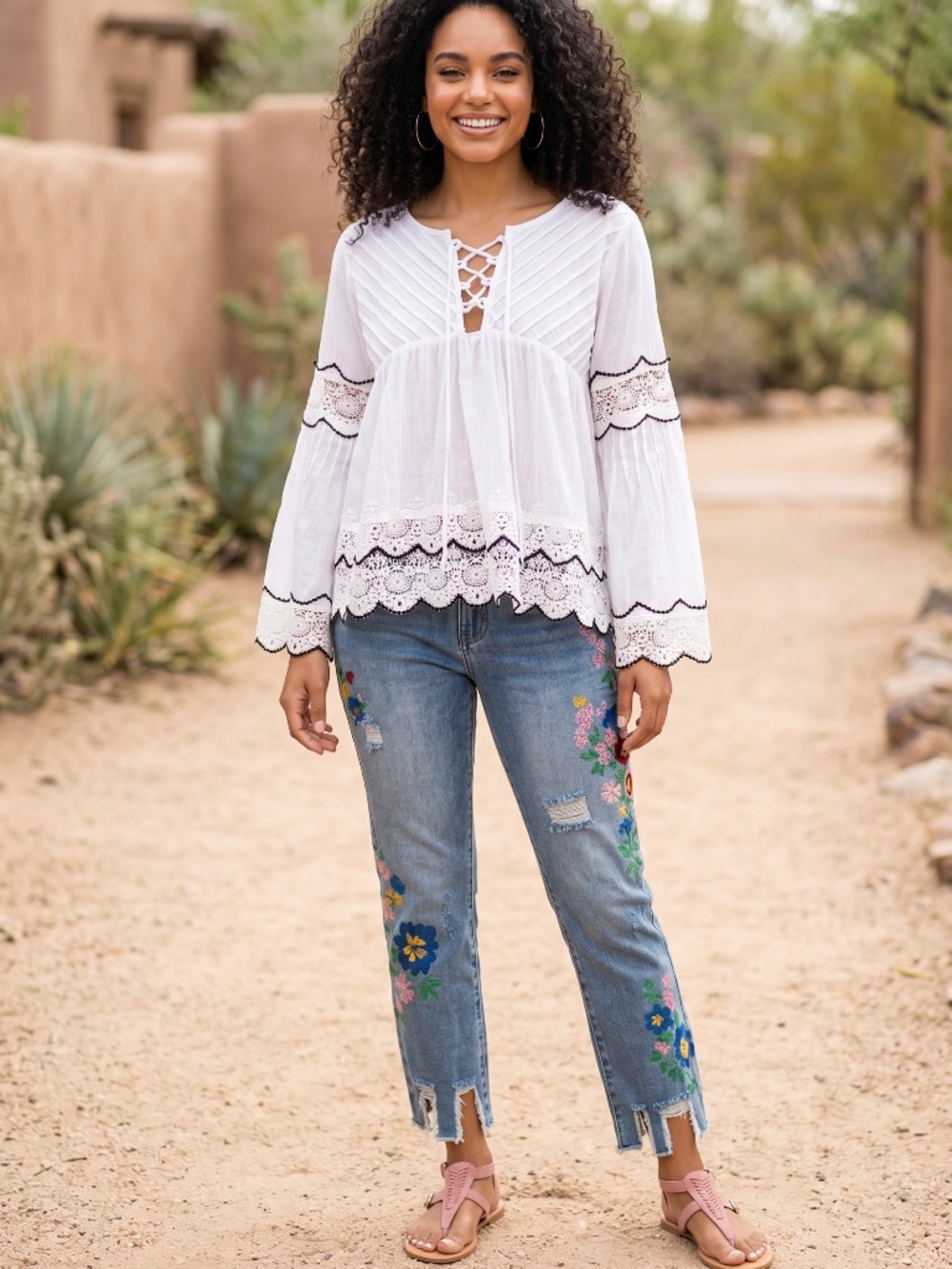 POL White Lace Trim Peasant Top | Long Bell Sleeve Cotton Babydoll - Picture 2 of 6